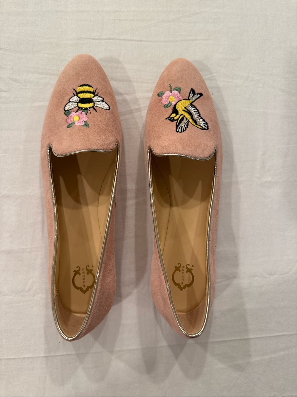 C. Wonder Pink Suede Bee & Floral Embroidered Flats